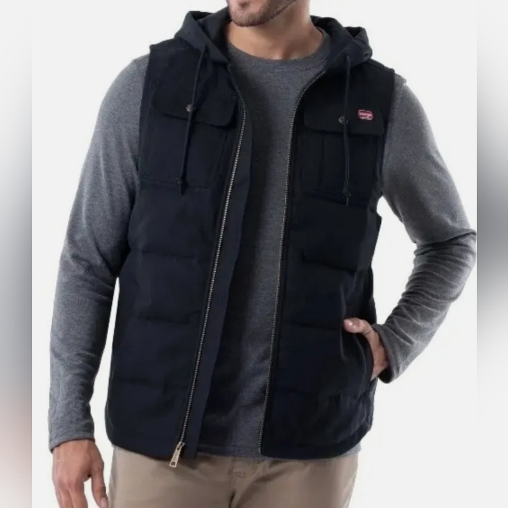 NWOT Wrangler Workwear Men's Work Vest with Hood Full-Zip, Black/Gray 3XL Size